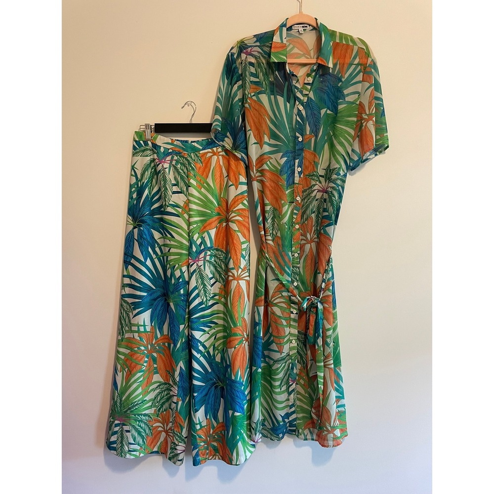 Fashion Nova 2 Piece Set High Waisted Pant and Kimono Tropical Palm‎ Print M
